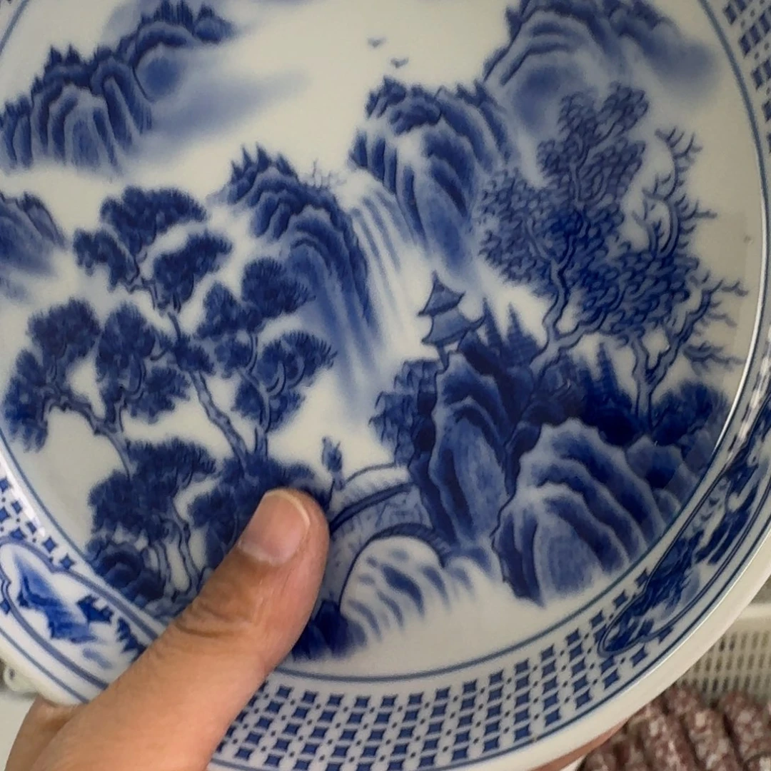摆件陶青花山水大壶承