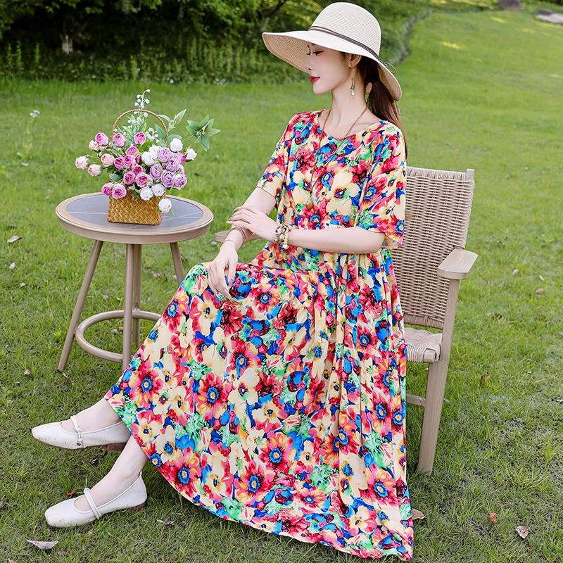 2025新款气质棉绸连衣裙夏季高级感大码民族风沙滩长裙洋气显瘦