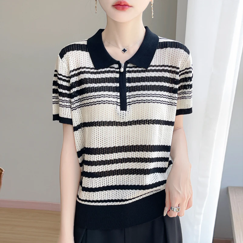 哥弟阿玛施正品女装半拉链镂空条纹针织T恤短袖POLO衫百搭上衣
