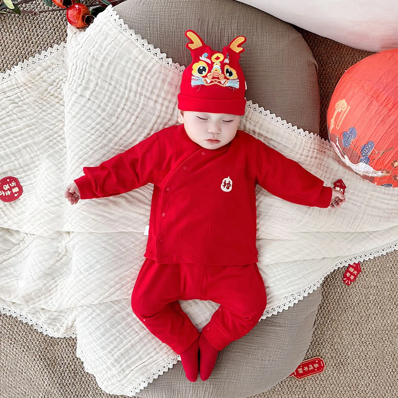 新生婴儿红色喜庆拜年服分体套装满月服秋冬无骨婴儿百天衣服zb