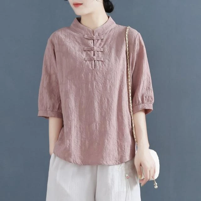 【倩雅衣馆】夏季复古盘扣棉麻中袖衬衫女中式立领禅意茶服宽松套头