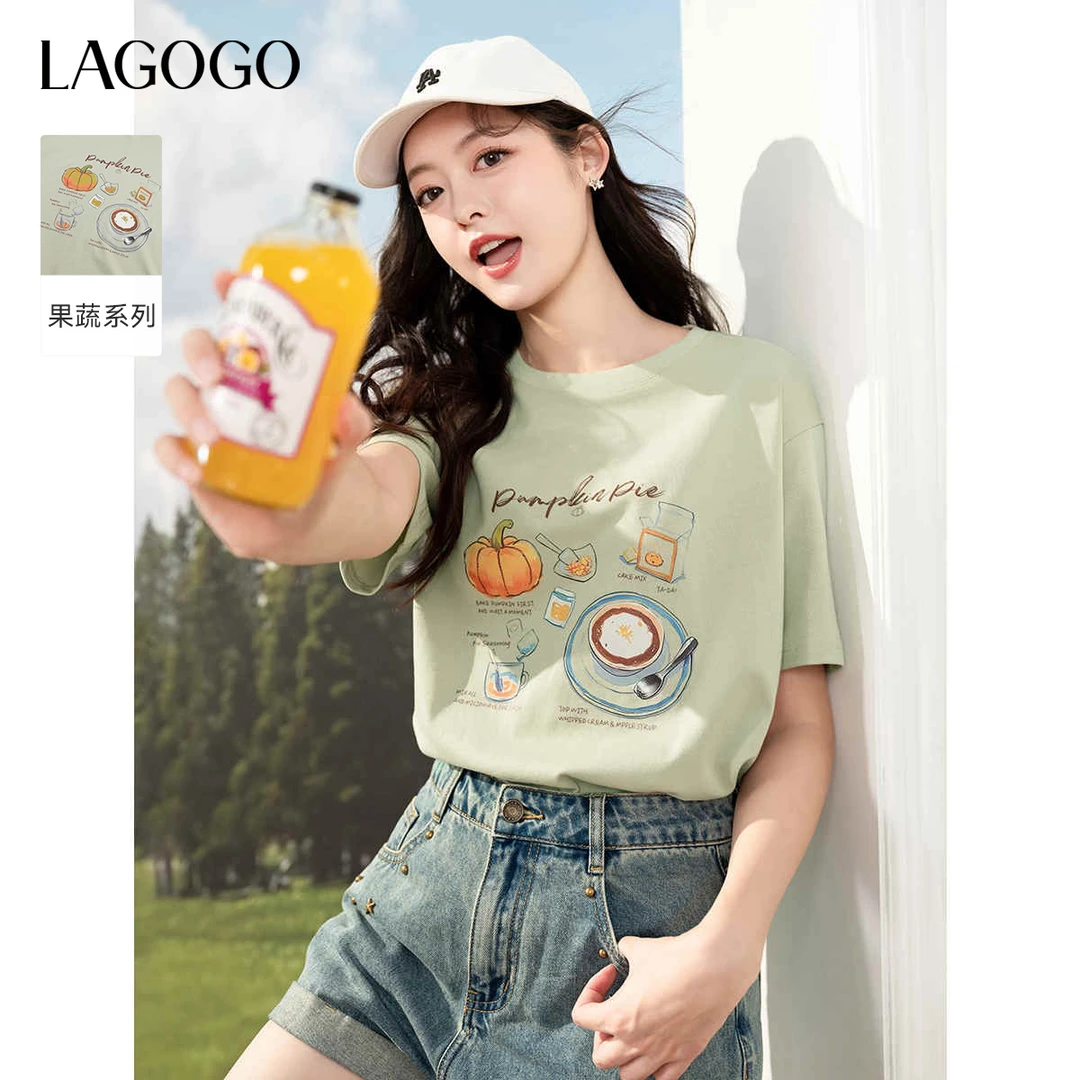 lagogo新款舒适全棉印花显白通勤T恤女OATT313GA8