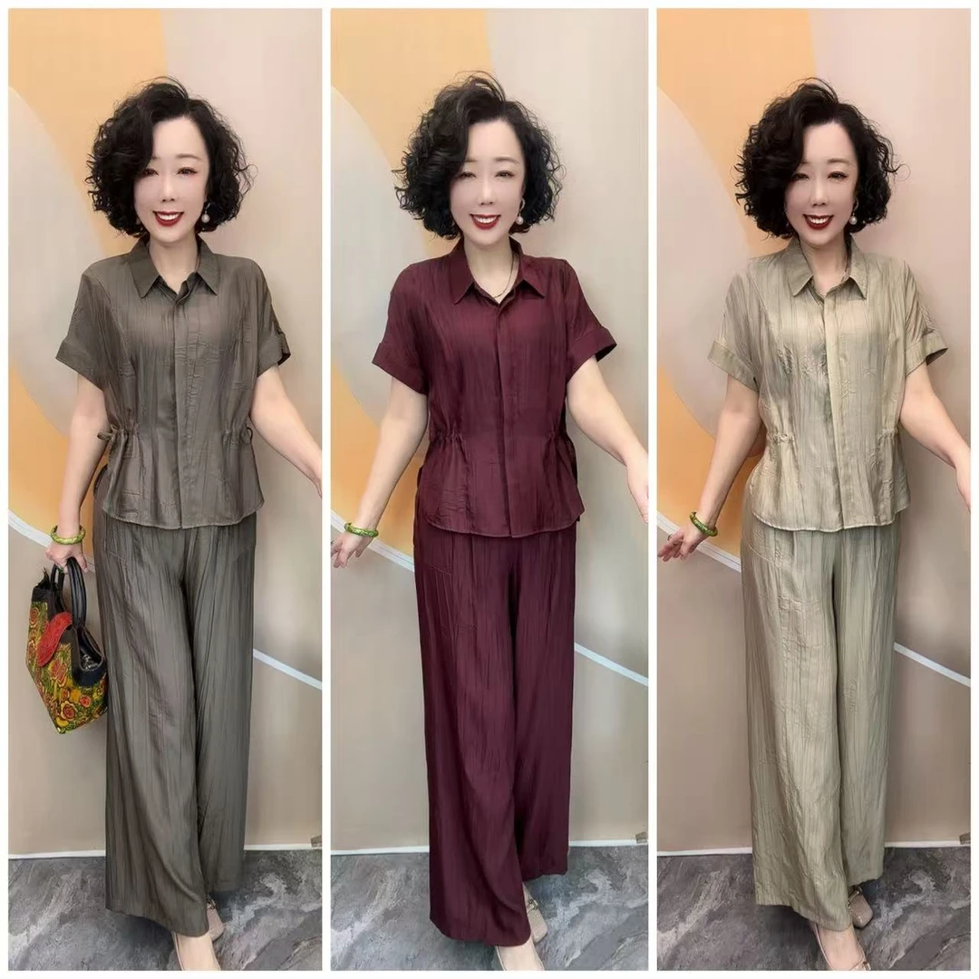 8856夏新款褶皱条时尚洋气中老年宽松大码套装（上衣+裤子）