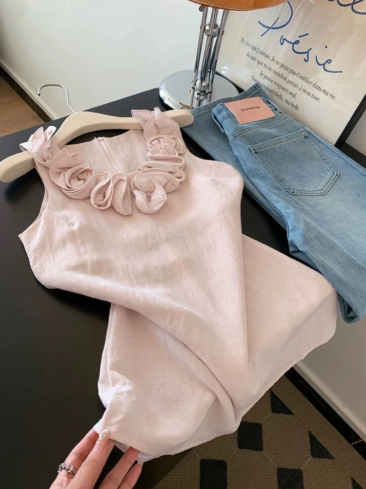 温柔风粉色立体花朵背心女夏季设计感甜美减龄显瘦针织凉感上衣