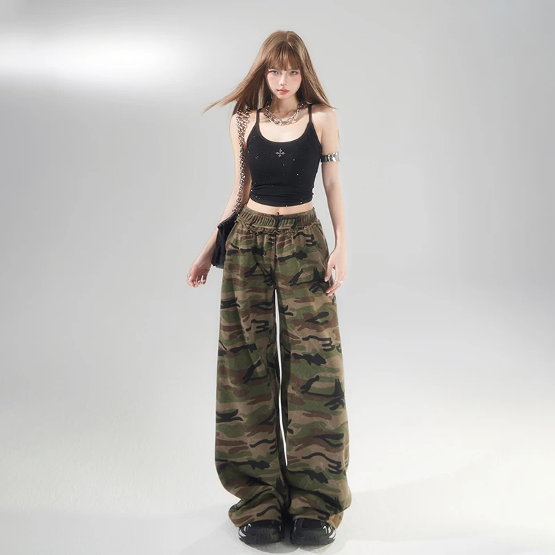 2025夏天上新美式复古高腰宽松阔腿裤垂感松紧腰喇叭裤休闲裤女长