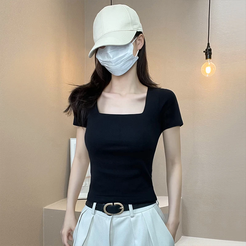 黑色方领短袖t恤女2025年新款春夏季正肩半袖打底衫设计感上衣服