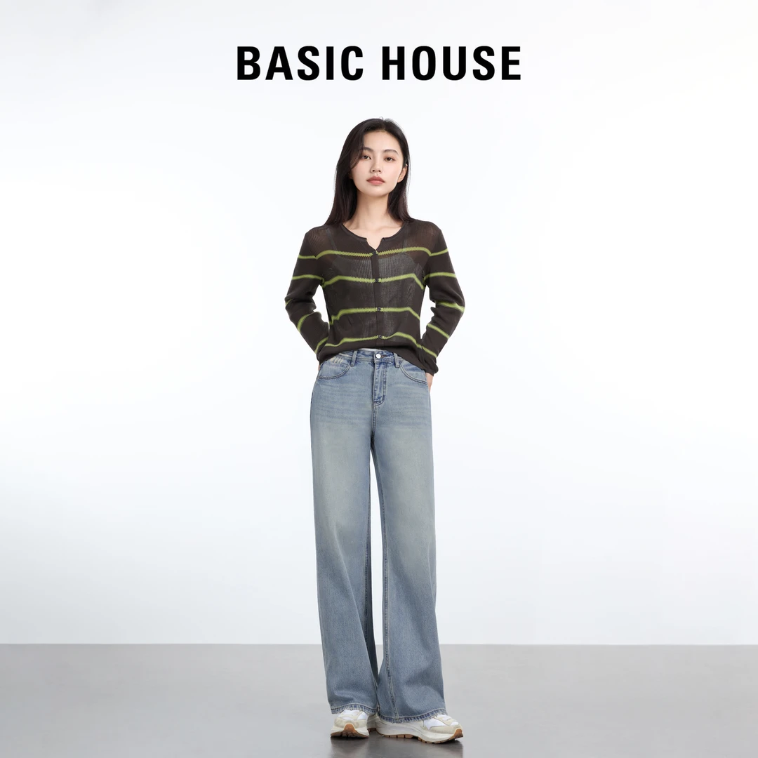 Basic House/百家好直筒复古牛仔裤高腰宽松显瘦垂感休闲裤时尚