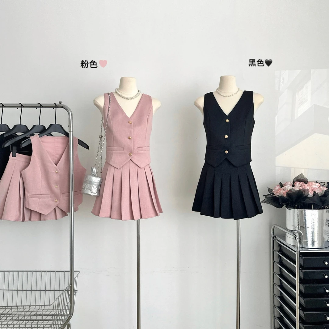 法式小香风马甲两件套女2025年夏季时尚高腰短款半身裙套装3D效果