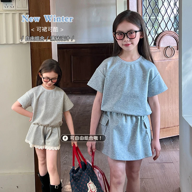 栀了成长记童装女童时髦满钻洋气短裤2025夏季上衣儿童洋气短裙