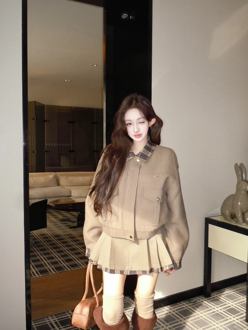 Barb Chill格子工装夹克女秋冬巴恩风短外套miu系千金毛呢套装