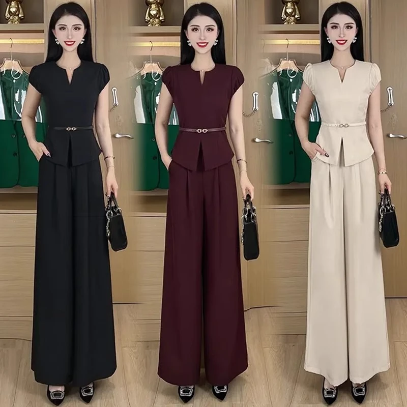 职业套装女夏季新款洋气收腰显瘦V领短袖上衣阔腿裤两件套潮高腰