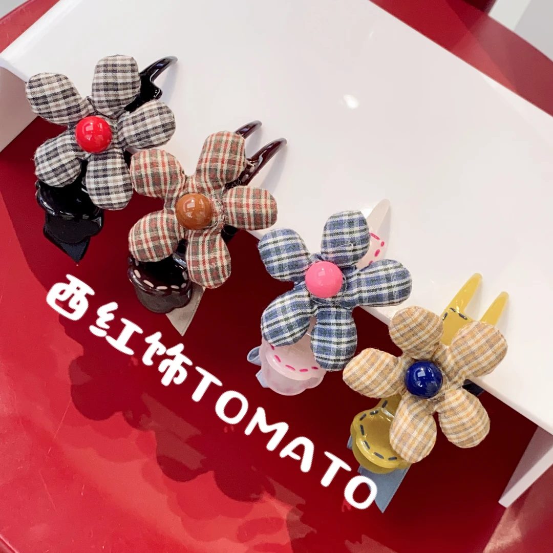 西红饰TOMATO韩国东大门百搭小花手工布艺丸子头抓夹