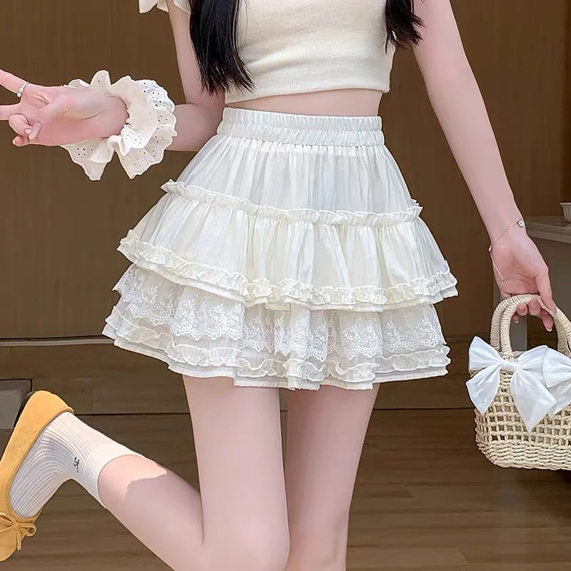 2025秋冬新款韩系ins甜美蕾丝拼接高腰松紧显瘦A字蛋糕半身短裙