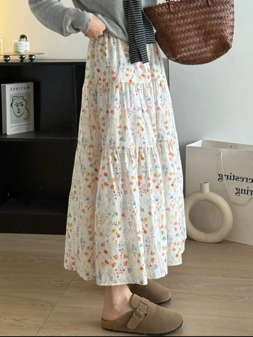 淡颜绝色度假风长半身裙女夏季高腰A字百搭短款小众碎花裙温柔