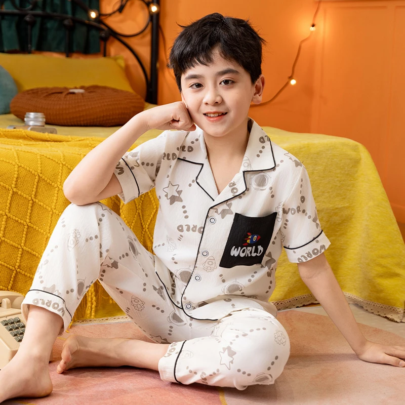 儿童睡衣男童夏季短袖云朵棉薄款女孩中大童青少年空调家居服套装