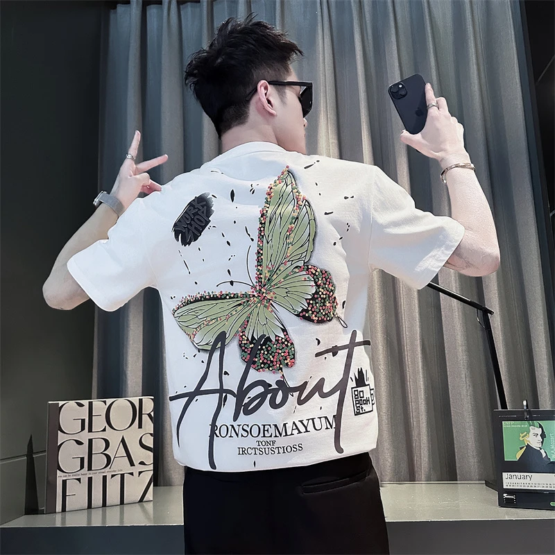 高级感蝴蝶印花字母男士短袖T恤夏季2025新款潮牌圆领百搭上衣服