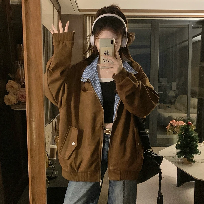 美式格子拼接麂皮绒外套女款秋季新款2025情侣棒球服休闲夹克潮牌