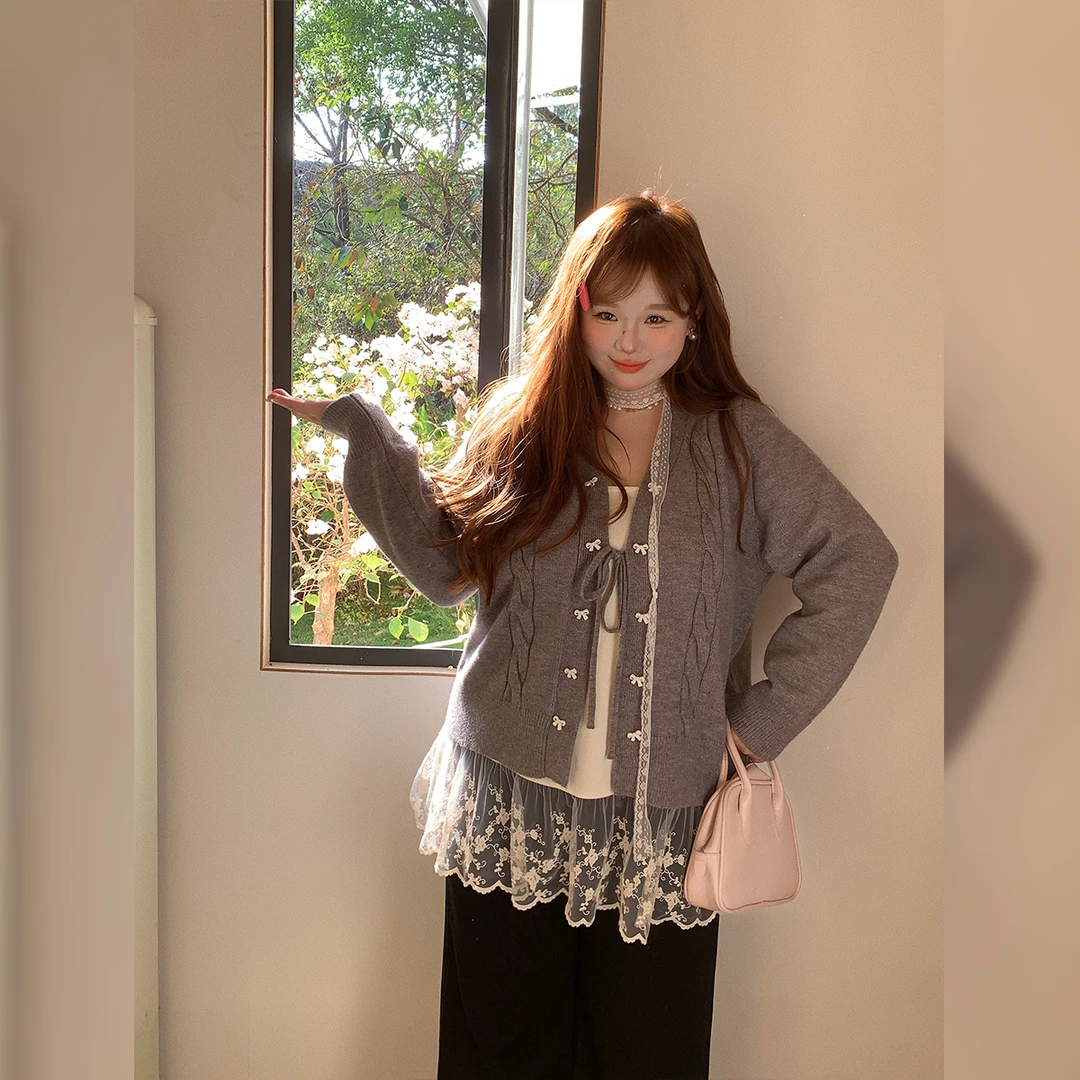 徐达布【智性纷纷】大码开衫毛衣女新款微胖灰色针织衫M40677C61