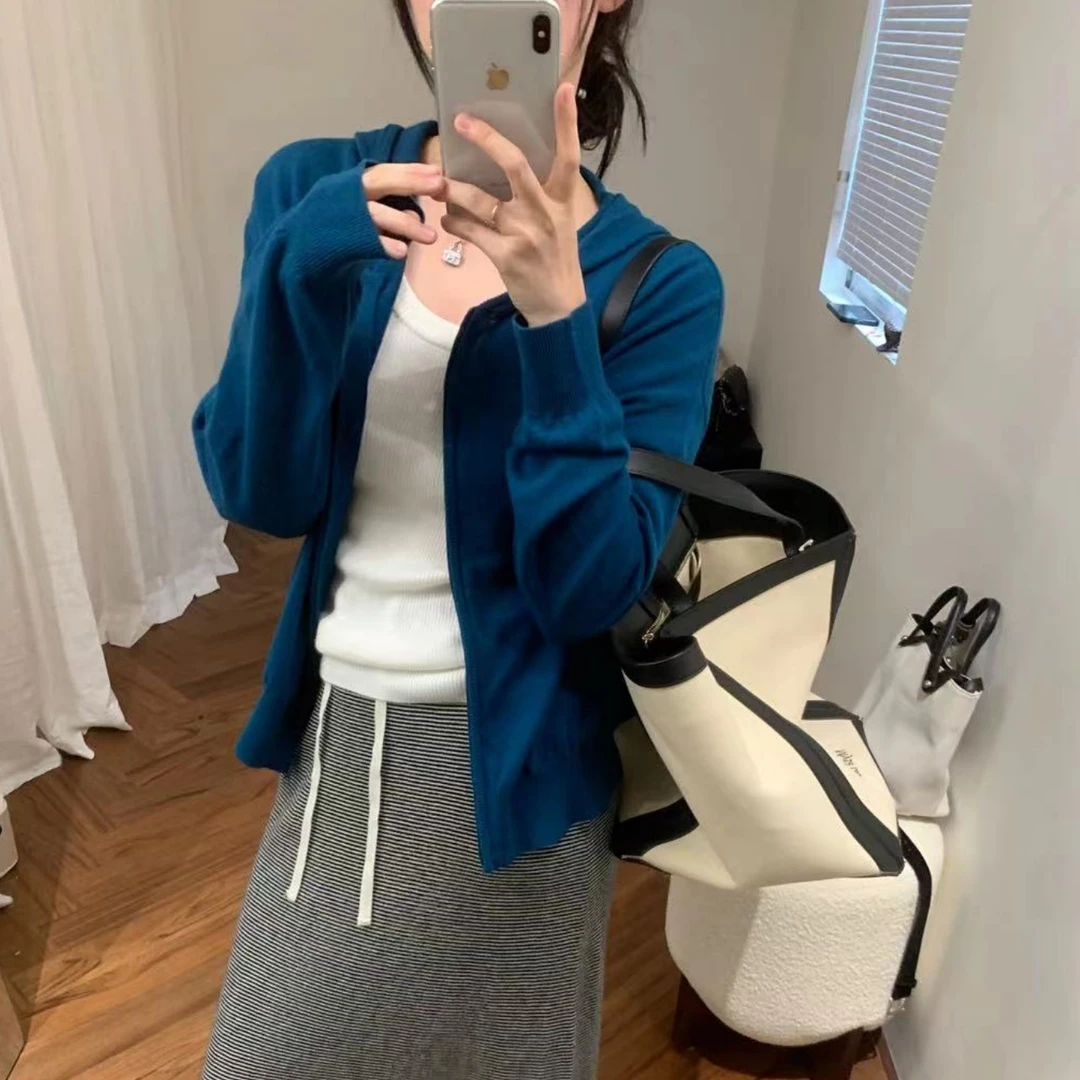 深蓝帽衫」小个子纯色连帽显瘦氛围感上衣女针织衫 衣长57 胸围104