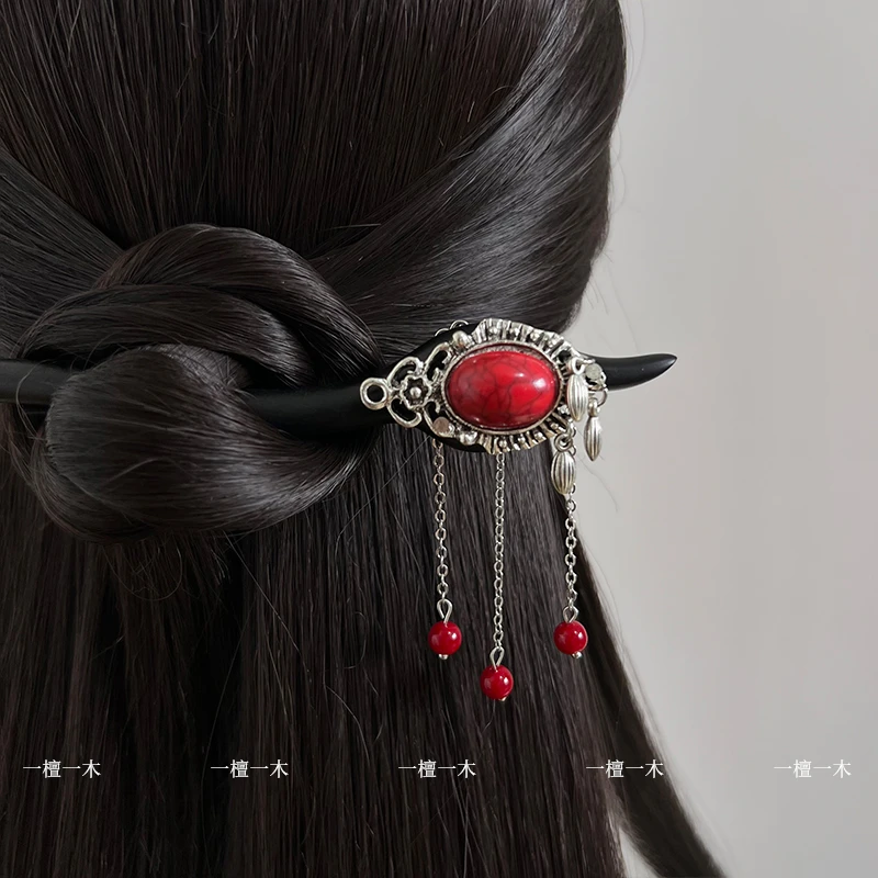 南疆丨原创手工天然石镶嵌新中式黑檀木发簪百搭旗袍发饰流苏发钗