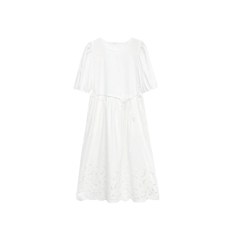 【橙庐】137000原创纯棉蕾丝花边泡泡袖连衣裙 春夏气质显瘦森系风