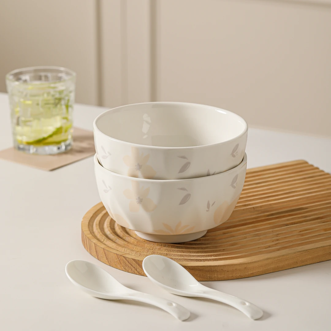 新款餐具花影4.5英寸米饭碗2碗2勺家庭装光滑易清洗微波炉耐热