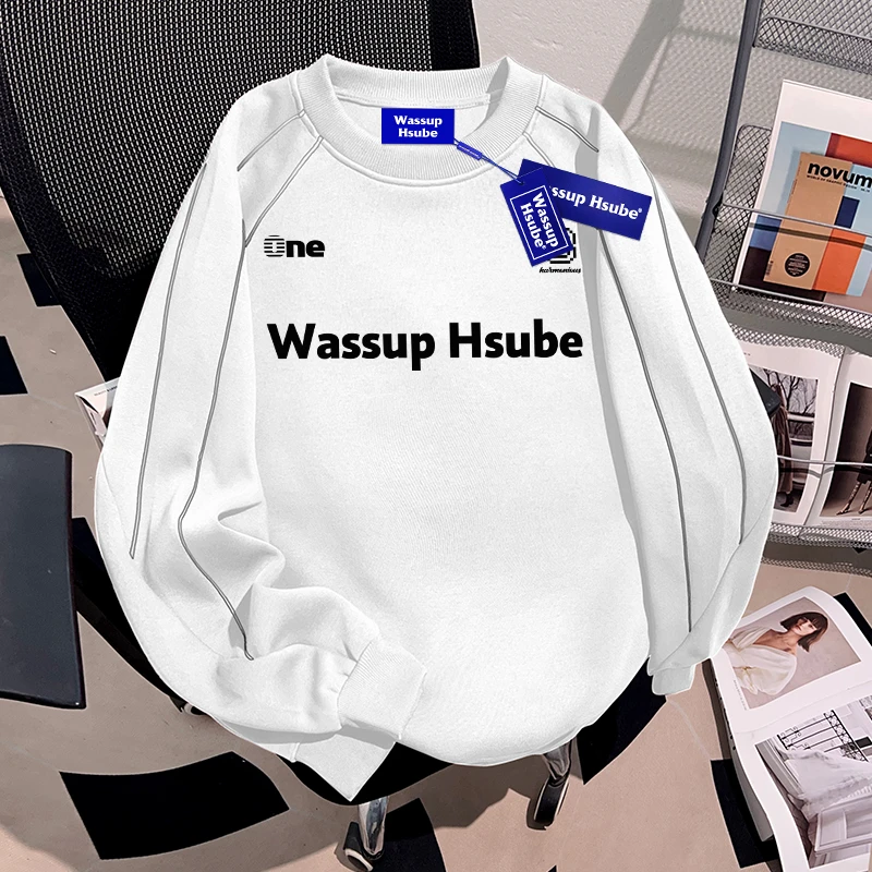 WASSUP HSUBE重磅潮牌英文印花美式复古圆领卫衣宽松秋冬百搭上衣