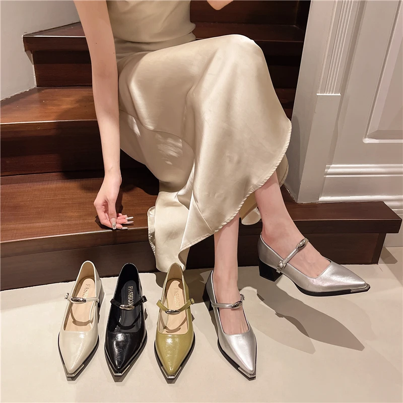 【来啦】超软~法式玛丽珍粗跟软皮金属头拼接单鞋玛丽珍鞋复古单鞋