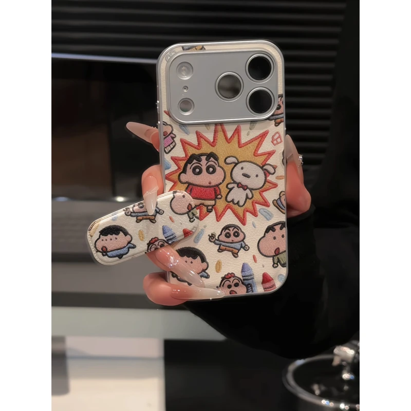 刺绣蜡笔小新适用苹果17p手机壳16pm华为p70金属皮纹简约小米17女