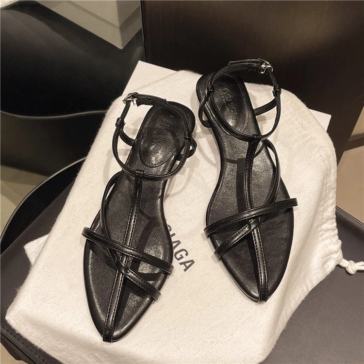 罗马凉鞋女夏季2025新款低跟尖头法式银色气质配裙子时尚交叉细带