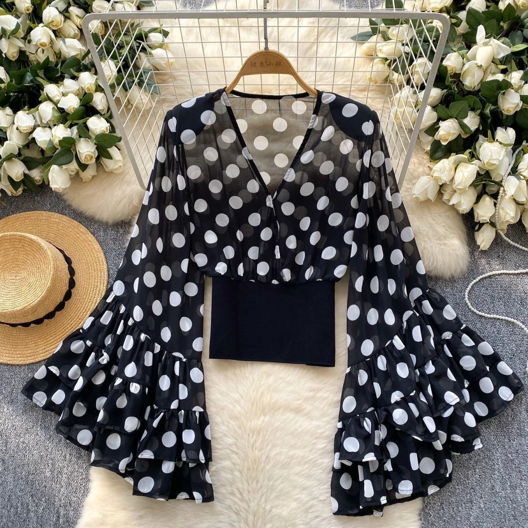 2025春秋新款甜美时尚女气质名媛深V领修身喇叭袖印花雪纺短上衣