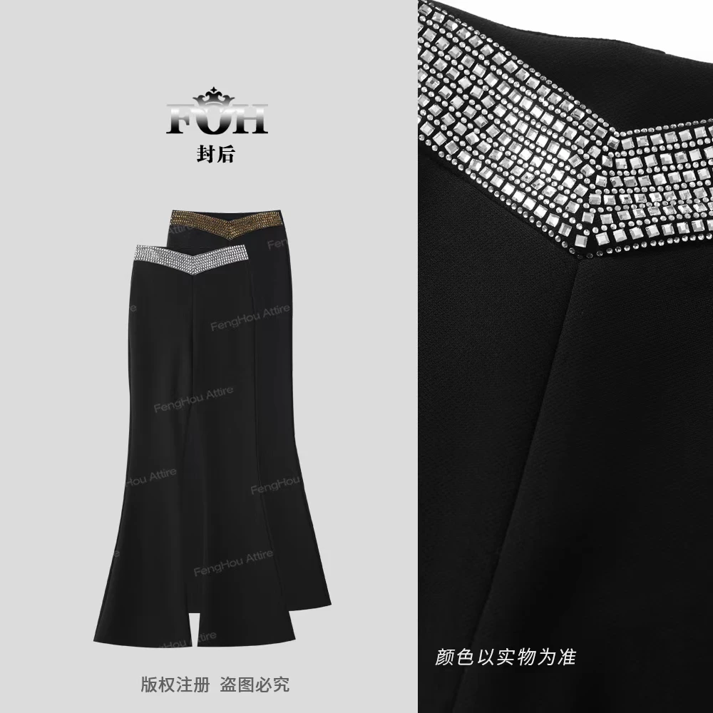 【封后轻奢设计】【超模比例】2025时尚高腰烫钻加绒喇叭休闲裤11326