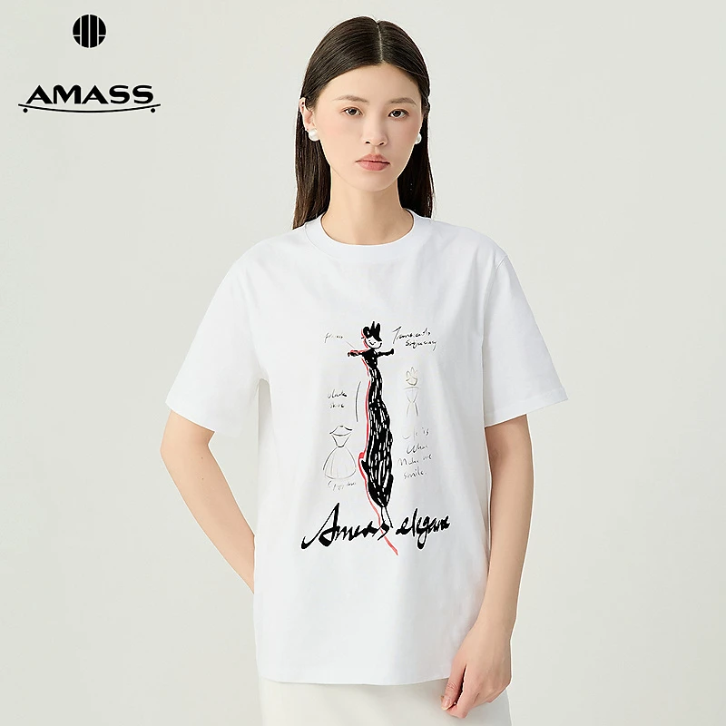 阿玛施AMASS 品质女装经典百搭简约舒适印花休闲圆领T恤530092