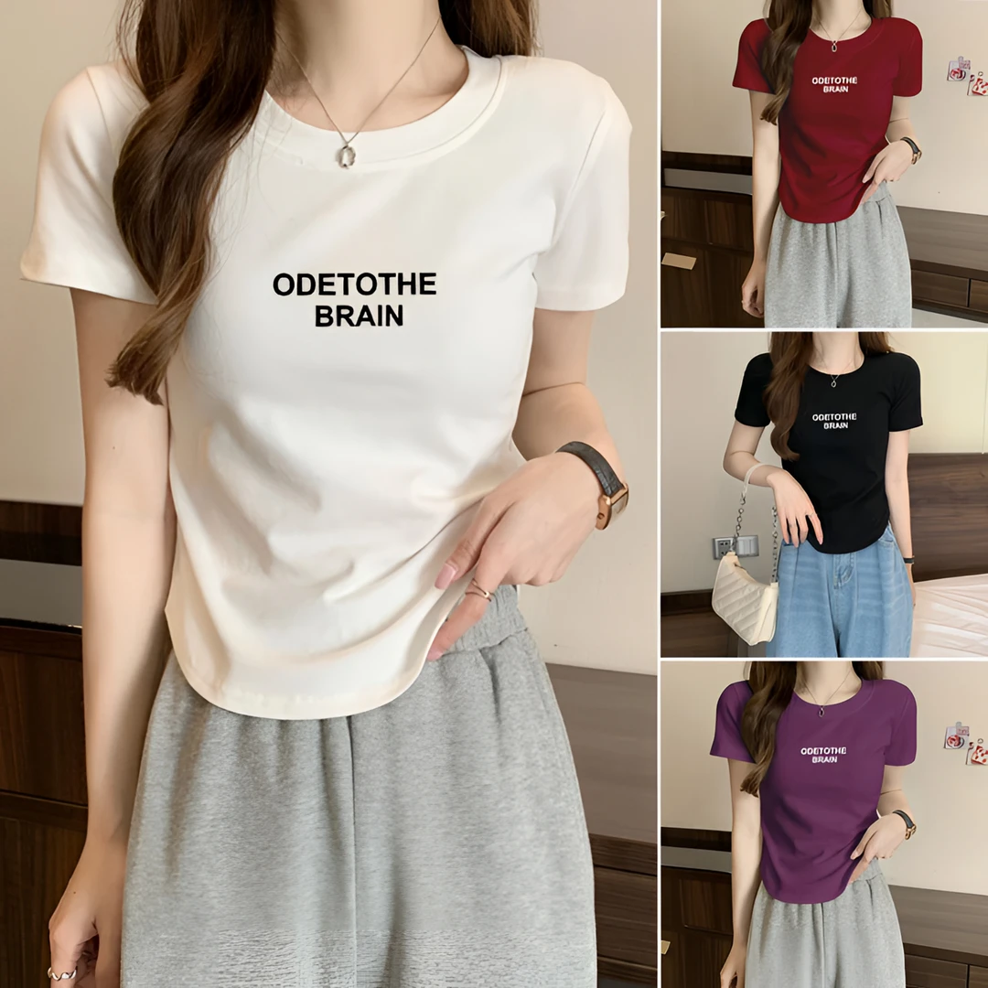 【ODE】圆领夏季短袖T恤女弧形下摆不规则百搭显瘦印花半袖上衣
