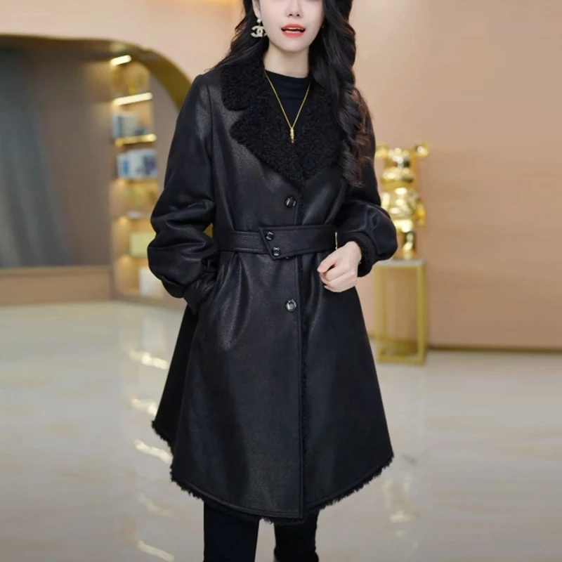 韩版气质中长款冬季皮衣外套女爆款2025新款时尚洋气显瘦黑色大衣