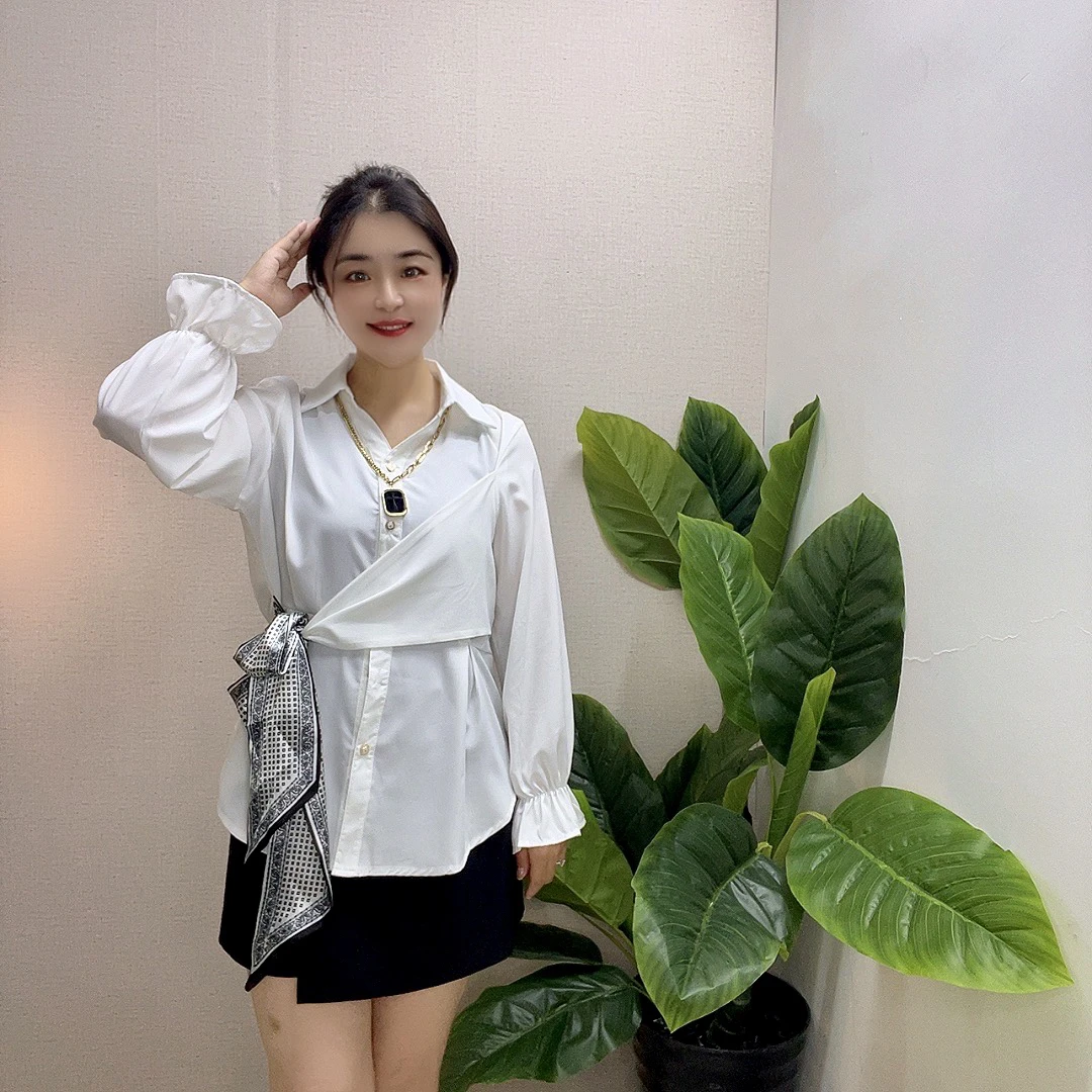 早秋新款大码女装时尚气质温柔优雅丝巾系带女人味收腰衬衫