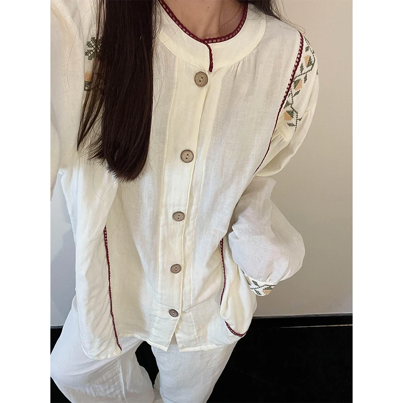 法式复古碎花睡衣女圆领开衫长袖长裤休闲宽松可外穿家居服高级感