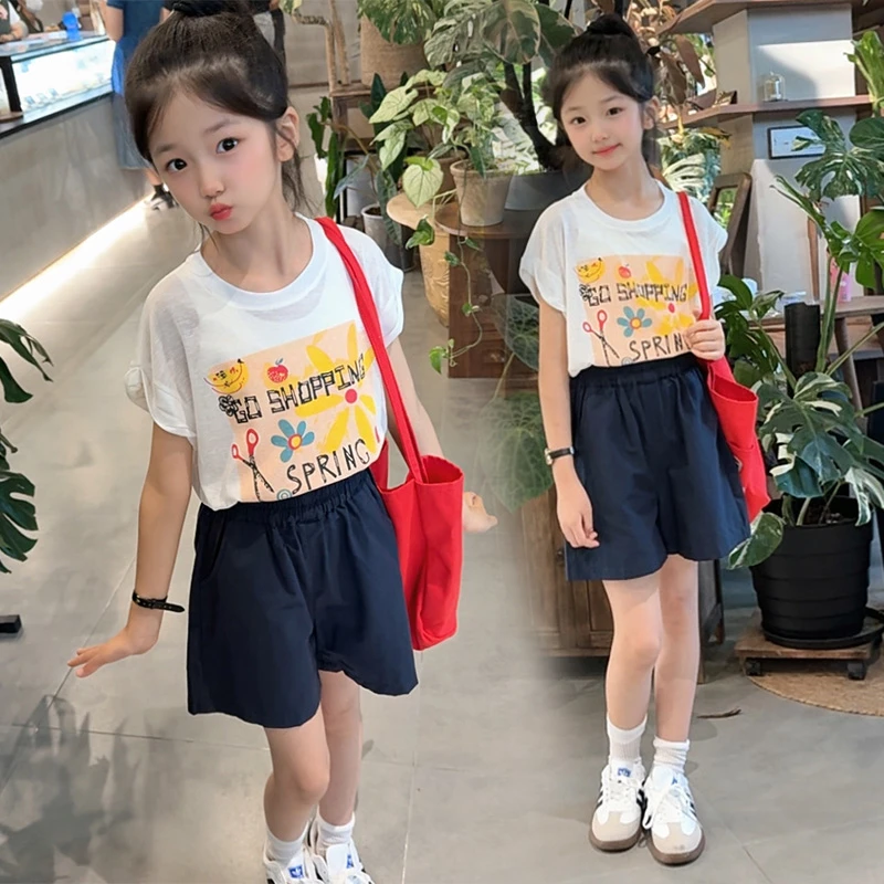 女童凉爽雪花棉套装2025新款夏季中大童洋气韩系小女孩两件套薄款