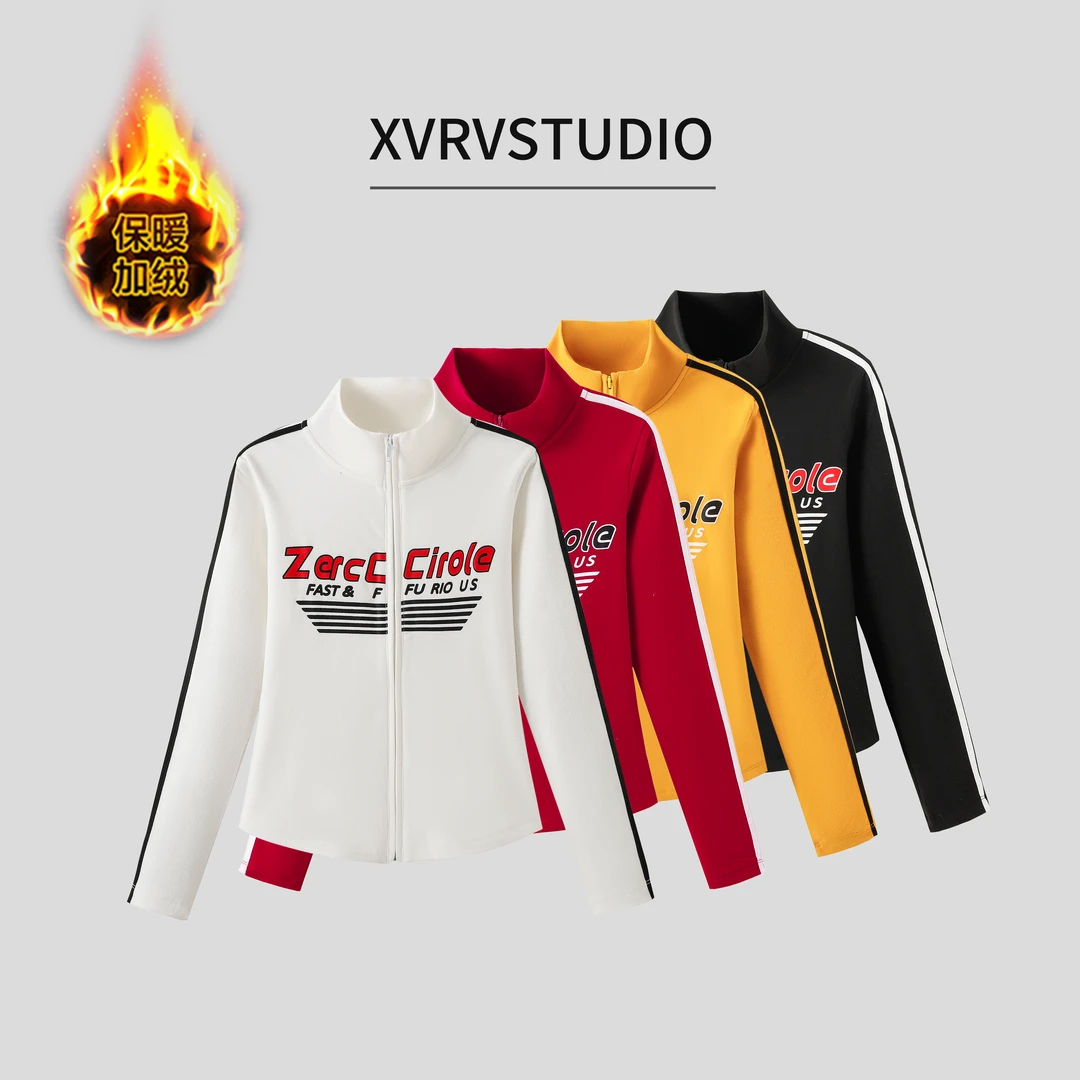 XVRV“聚热德绒”加绒2025秋冬新款条纹运动外套休闲宽松开衫上衣服