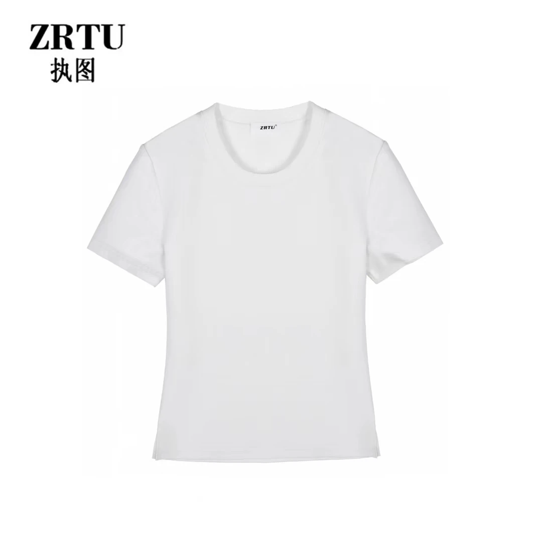 ZRTU执图圆领丹宁风短袖混纺T恤舒适纯色商务女士打底T恤