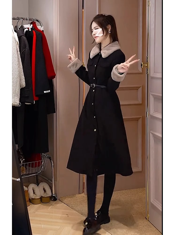 张元一同款女装高端大气范加厚黑色外套裙女冬小个子收腰赫本长裙