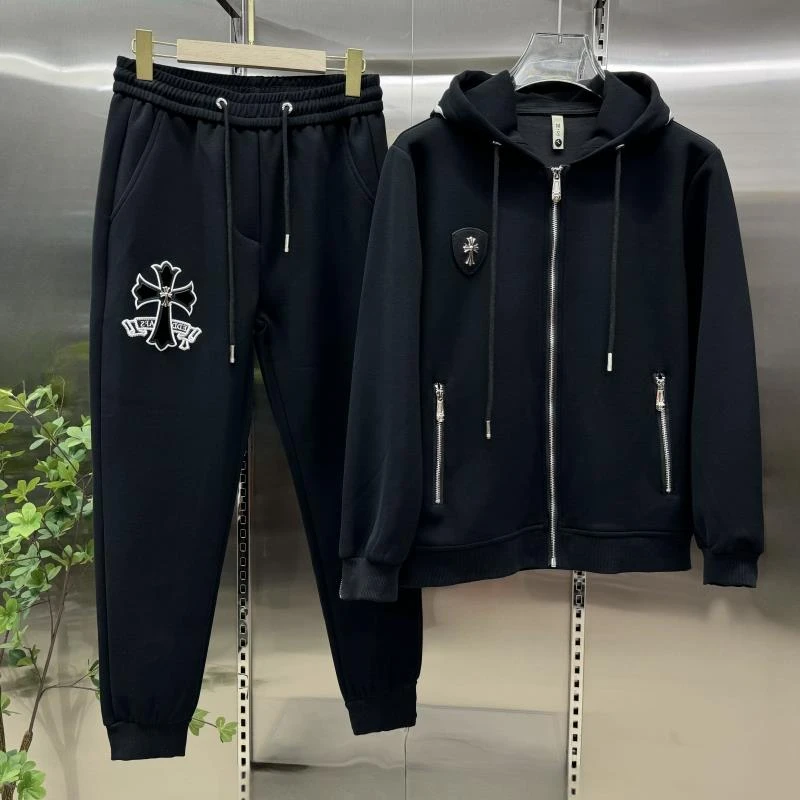 灏吉弧春秋新款男两件套连帽重工刺绣外套休闲裤欧版拉链情侣套装