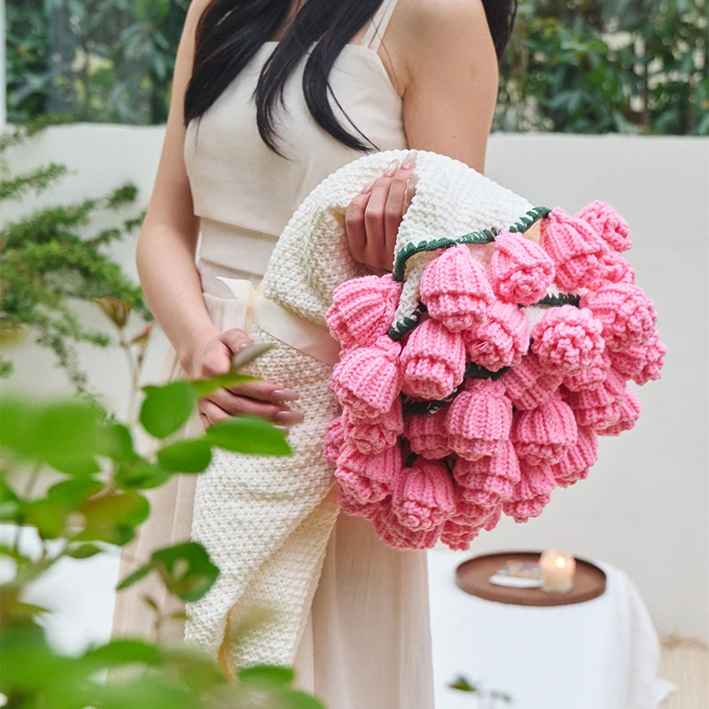 网红ins风桑薇花束毛毯手工成品针织披肩毯玫瑰花朵毯子礼物