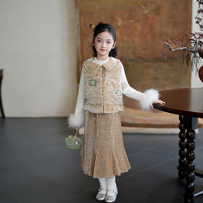 80964女童新中式刺绣马甲亮片半身裙拜年服2026新款儿童新年汉服