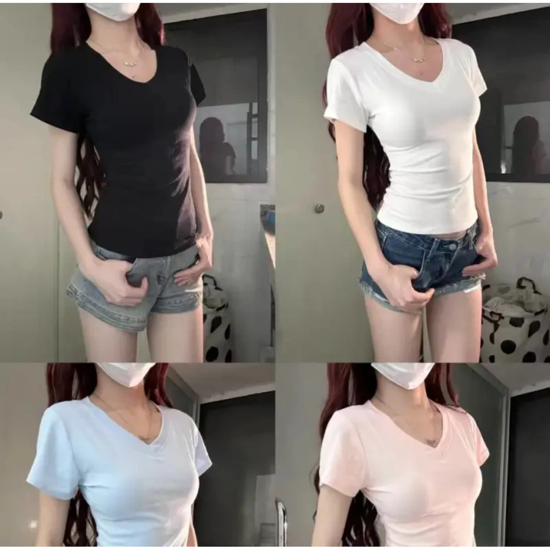 2025韩版气质V领修身短袖T恤女装夏季上新打底衫白色纯色显瘦上衣