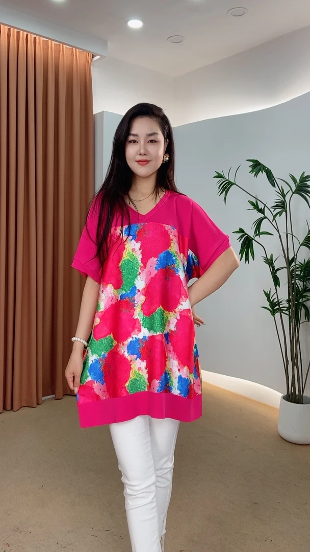 印花春夏季新款时尚针织红色宽松百搭气质T恤休闲妈妈装半袖长款