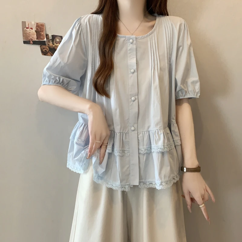 大码女装设计感蕾丝边拼接短袖衬衫夏季新款胖mm遮肉显瘦百搭上衣