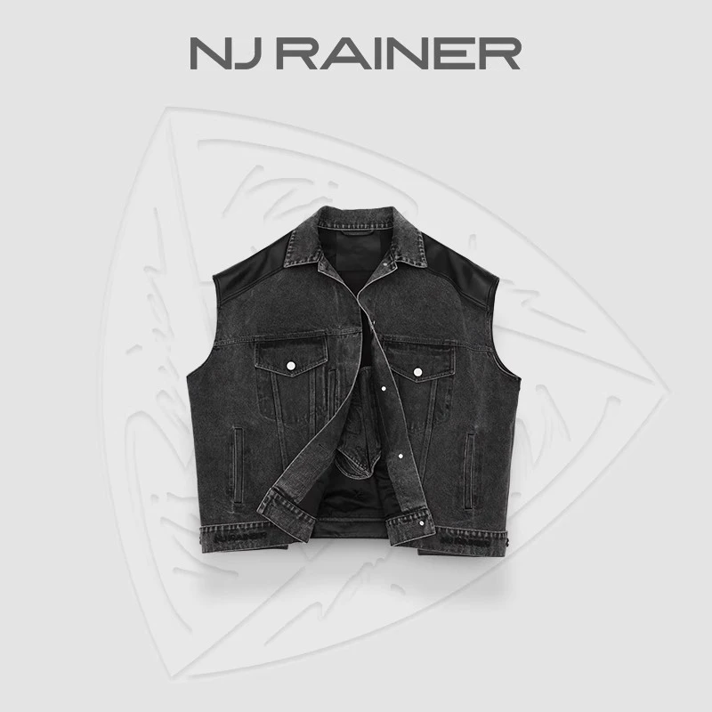 NJRAINER 春夏新品 桃花密码系列 黑桃 牛仔拼皮男朋友款马甲