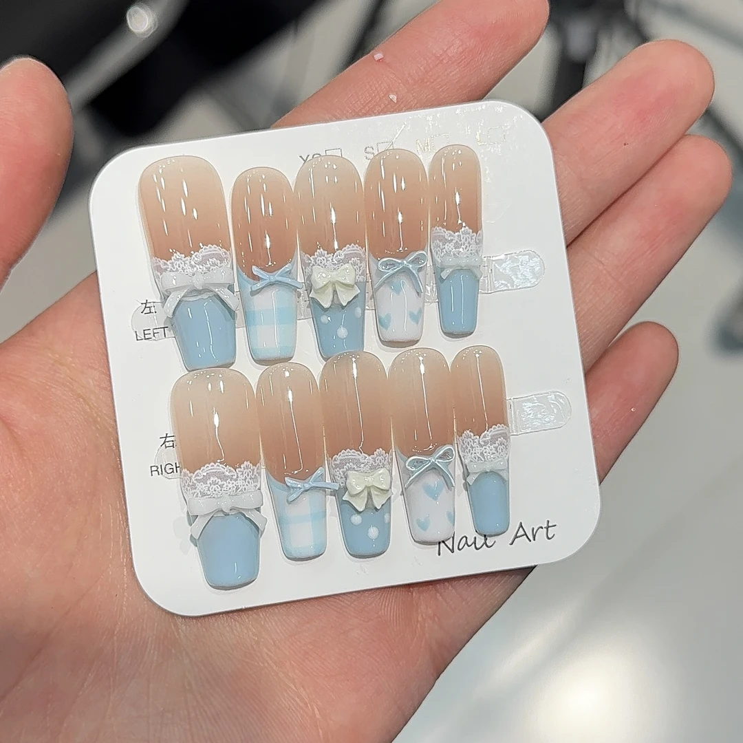 蓝蔻-蓝色系蕾丝甜美春夏可爱穿戴甲