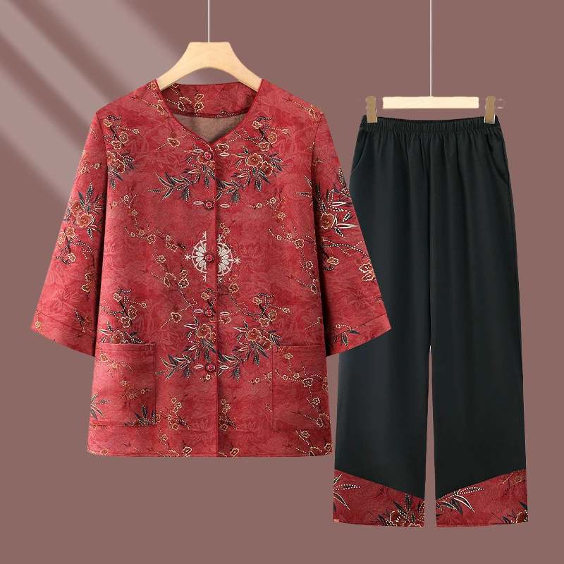 奶奶夏季薄款衬衫老人套装中老年人女妈妈夏装七分袖两件套老太太